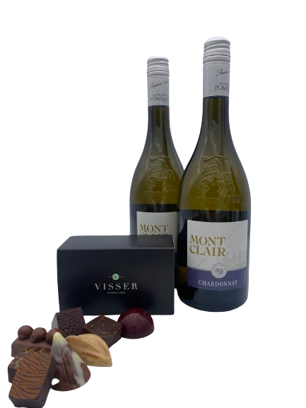 Kado pakket met wijn en chocolade