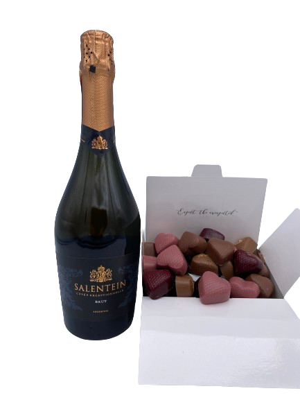 Luxe doos Valentijn bonbons van Visser Chocolade en Salentein Rose Brut