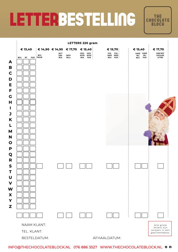 Chocoladeletters bestellijst